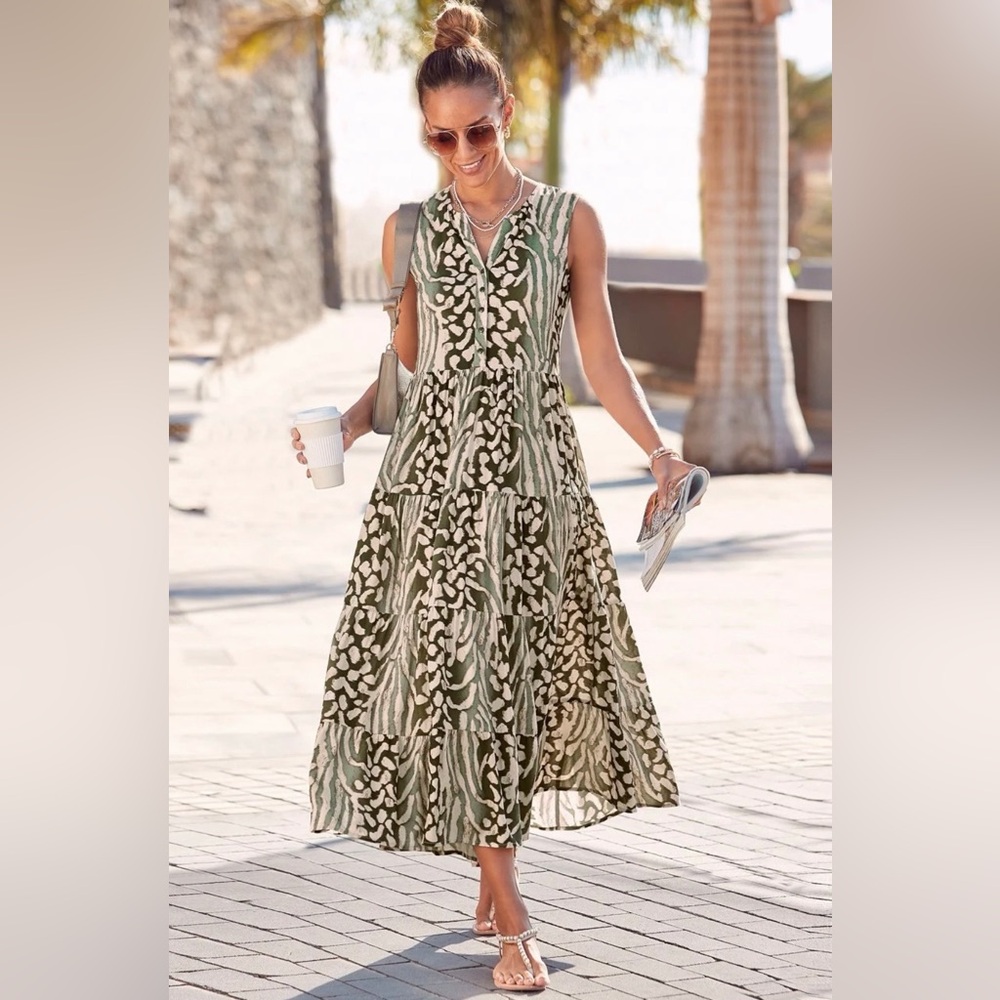 LASCANA Women’s Sleeveless V-Neck Tiered Midi Dress Olive/Cream Print Size 14